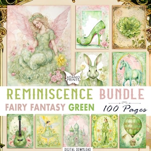 Reminiscence BUNDLE Fairy Fantasy Green Junk Journal Paper, Vintage Printable, Shabby Chic, Scrapbook Digital Kit, Shabby Paper Download