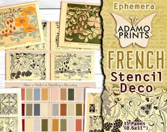 May include: A digital download of 11 pages of French stencil designs. The designs are black and white and feature floral motifs. The text "French Stencil Deco" is in a gold font. The text "11 Pages (8.5x11)" is in a white font.
