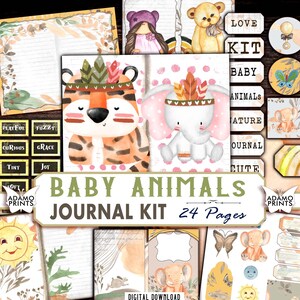 Kit de journal indésirable bébé animaux, pages de journal Boho, collage nature, kit numérique imprimable, ligné de papier forestier, art altéré, forêt bohème