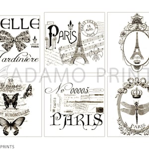 May include: Six vintage-style images featuring the Eiffel Tower, butterflies, and floral designs. The images include the text "La Belle Jardini&egrave;re", "Paris", "No. 241", "No. 00005", "25 Francs", and "Frederic Buromuller".