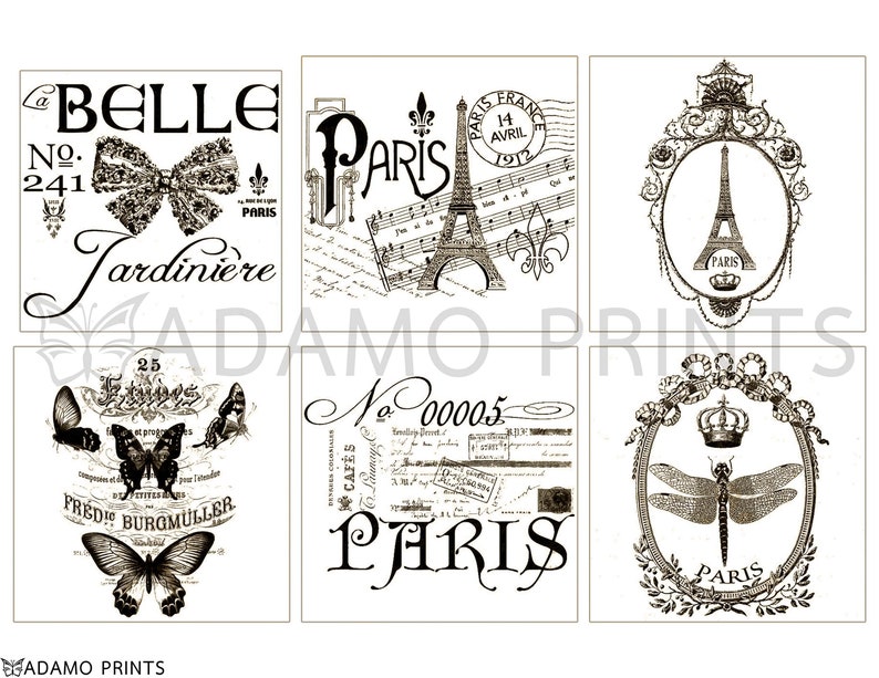 May include: Six vintage-style images featuring the Eiffel Tower, butterflies, and floral designs. The images include the text "La Belle Jardini&egrave;re", "Paris", "No. 241", "No. 00005", "25 Francs", and "Frederic Buromuller".