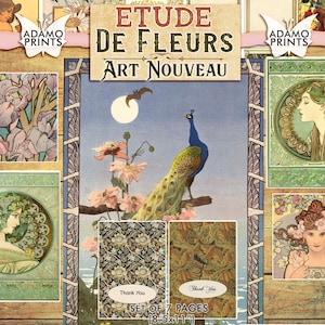 Etude De Fleurs Art Nouveau, Alphonse Mucha, Ephemera Classic, ATC, Vintage Art, Scrapbook Ephemera, Journal Kit, Digital Download