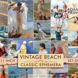 Imágenes digitales de playa vintage, arte vintage, clásico, niños, mujeres, océano, collage digital, arte efímero, diario basura, ATC, Descargar