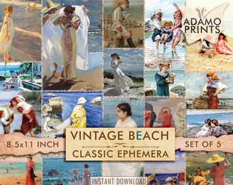 Vintage Beach Digital Images, Vintage Art, Classic, Children, Women, Ocean, Digital Collage, Art Ephemera, Junk Journal, ATC, Download