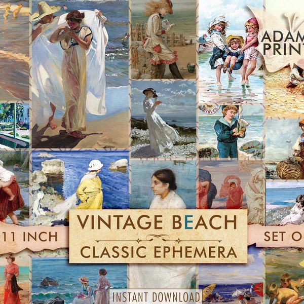 Vintage Beach Digital Images, Vintage Art, Classic, Children, Women, Ocean, Digital Collage, Art Ephemera, Junk Journal, ATC, Download