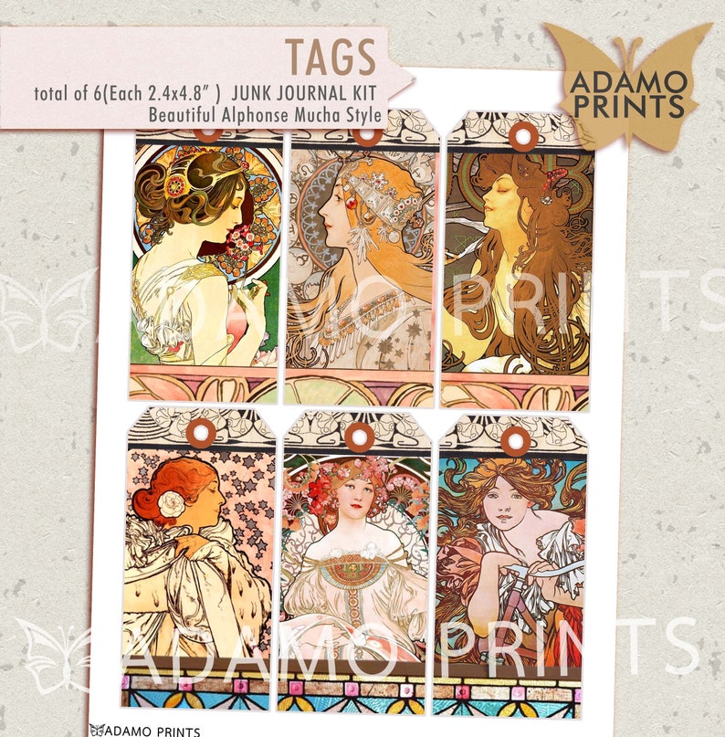 Alphonse Mucha Printable Tag Kits, Art Nouveau, Digital Paper, Embellishment, Collage Sheet, Junk Journal Kit, Printable Paper, Scrapbook image 3