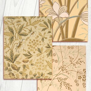 May include: Three vintage floral wallpaper patterns in shades of beige, brown, and green. The patterns feature various floral designs, including leaves, flowers, and vines.
