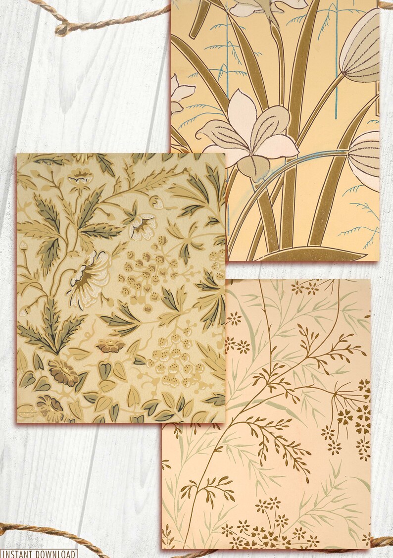 May include: Three vintage floral wallpaper patterns in shades of beige, brown, and green. The patterns feature various floral designs, including leaves, flowers, and vines.