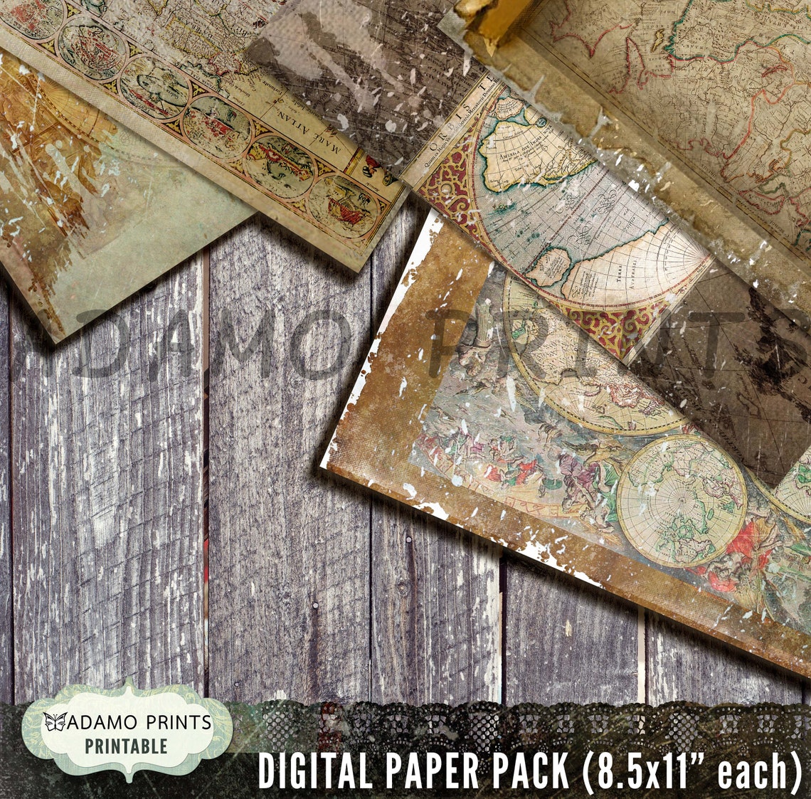 Vintage Map, Antique Map Paper Pack, Digital, Grunge, World Map, Travel ...