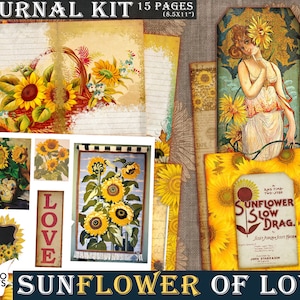 Kit de diario de girasol de amor, página de diario, flor efímera, adornos, kit de diario imprimible, plantas de álbum de recortes, flor vintage