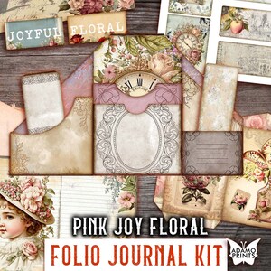 Zestaw Vintage Pink JOY Floral Junk Journal, strona do dziennika, arkusze kolażu, efemerydy wiktoriańskie, zestaw do drukowania dziennika, album ze zdjęciami kwiatowymi