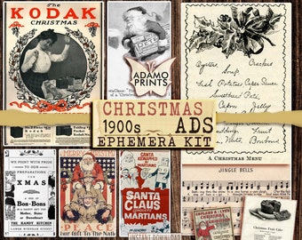 May include: A digital collage of vintage Christmas advertisements from the 1900s. The collage features images of Santa Claus, a Christmas menu, a Christmas fruit cake, and a jingle bells sheet music. The text "Christmas Ads 1900s Ephemera Kit" is displayed in the center of the collage.