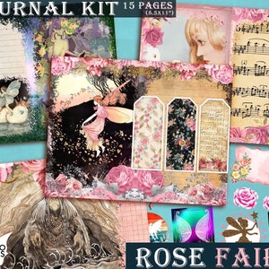 Kit de diario de hadas rosas, página de diario, Alicia, princesa, magia, flor, hojas de collage, efímera, kit de diario imprimible, hada de álbum de recortes