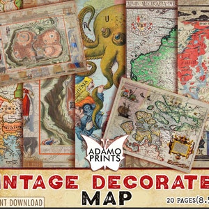 Mapa decorado vintage, pacote de papel de mapa antigo, digital, grunge, mapa mundial, viagens, mapas de colagem, fundo gasto, coisas efêmeras, baixar
