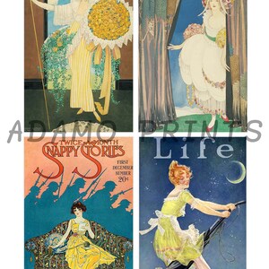 May include: A collage of four vintage magazine covers featuring illustrations of women in various settings. The top left image shows a woman in a yellow and white striped dress holding a bouquet of yellow roses. The top right image shows a woman in a white dress with a floral crown holding a bouquet of flowers. The bottom left image shows a woman in a yellow dress sitting on a couch with a magazine titled "Twice-a-Month Nappy Stories". The bottom right image shows a woman in a yellow dress riding a vacuum cleaner with the word "Life" printed on the cover.
