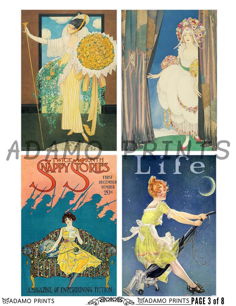 May include: A collage of four vintage magazine covers featuring illustrations of women in various settings. The top left image shows a woman in a yellow and white striped dress holding a bouquet of yellow roses. The top right image shows a woman in a white dress with a floral crown holding a bouquet of flowers. The bottom left image shows a woman in a yellow dress sitting on a couch with a magazine titled "Twice-a-Month Nappy Stories". The bottom right image shows a woman in a yellow dress riding a vacuum cleaner with the word "Life" printed on the cover.