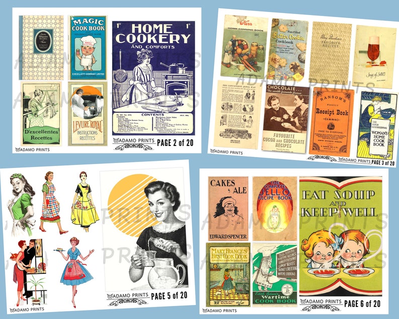 Op de afbeelding: Een collage van vintage kookboekcovers en illustraties. De collectie bevat titels als "Magic Cook Book", "Home Cookery" en "Receipt Book". De afbeeldingen tonen retro graphics, kooksc&egrave;nes en charmante illustraties, die een nostalgisch gevoel oproepen.