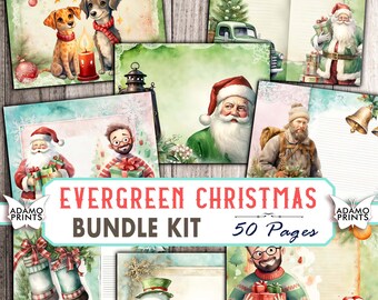 Evergreen Christmas Journal Paper Journal Pages Lined & Blank Green Shabby Chic Santa Scrapbook Digital Kit Christmas Paper Download