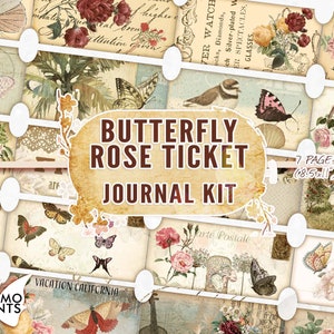 Schmetterling Rose Ticket, Collage Ticket, digital verschönern, Junk Journal, druckbares Papier, Ephemera Ticket, Shabby Schmetterling, Scrapbook Kit