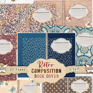 Può includere: Un set di copertine per libri stampabili con un design retrò. Le copertine presentano diversi motivi in ​​sfumature di blu, rosso e beige. Il testo "Composition Book" appare su ogni copertina. Le copertine misurano 8,5 pollici per 11 pollici e hanno 20 pagine.