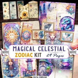 Kit de diario del zodiaco celestial mágico Página de diario en blanco y hojas de collage forradas Kit digital, Kit de álbum de recortes imprimible de luna efímera Mítico
