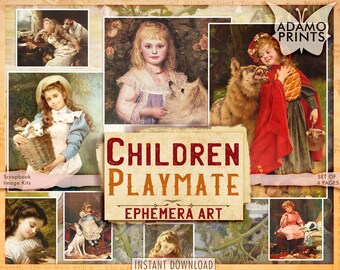 Children Playmate, Children Digital Paper, Journal Cards, Vintage Art, Ephemera, Printable Images, ATC, Scrapbook, Digital Collage