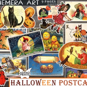 Vintage Halloween Postkarte, Halloween Digital Art, Hexe, Kürbis, Collage Sheet Halloween, Vintage Karten, Scrapbook Halloween, schwarze Katze