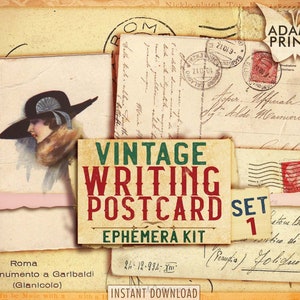 Conjunto de cartões postais para escrita vintage1, postagem digital antiga, cartões postais para impressão, ATC, clássico efêmero, imagens digitais, colagem digital, arte vintage