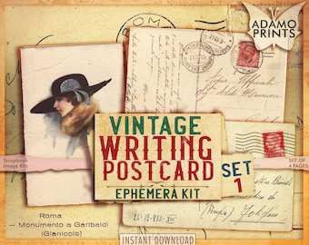 Conjunto de postales vintage con escritura, franqueo antiguo digital, postales imprimibles, ATC, efímera clásica, imágenes digitales, collage digital, arte vintage