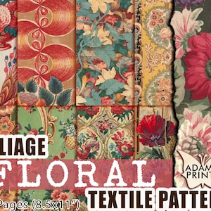Laub Floral Textilmuster, Rosen, Junk Journaling Kit, Papier für Journal Kit, Wallpaper Digital, Digitales Papier, druckbarer Hintergrund