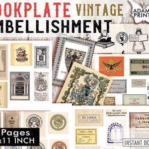 Vintage Bookplate Embellishment, Ex Libris, Mini Bookplates, Ephemera Kit, Digital Image, Collage Sheet, Scrapbook, Shappy Paper