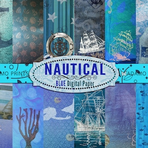 Papel Digital Azul Náutico, Océano, Mar, Concha, Sirena, Mar Digital Imprimible, Kit Digital, Collage, Shabby Chic, Descargar