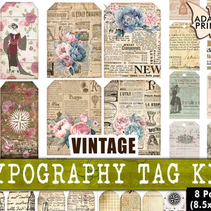 Vintage Typography Tags Kit, Digital Tag, Ephemera, Vintage Art, Printable Tag, Scrapbook Kit, Journal Kit, Embellishment, Collage Tags