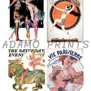May include: A collection of four vintage magazine covers featuring illustrations of women in various poses. The covers are from the early 20th century and feature the titles "Life", "La Vie Parisienne", and "The Saturday Evening Post".