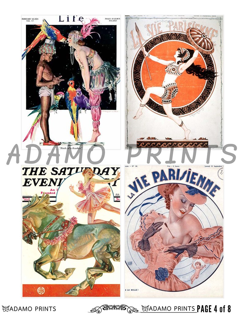 May include: A collection of four vintage magazine covers featuring illustrations of women in various poses. The covers are from the early 20th century and feature the titles "Life", "La Vie Parisienne", and "The Saturday Evening Post".