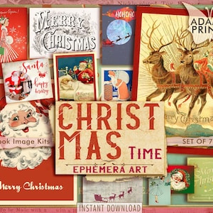 Kersttijd, december, kerstkaarten, collageblad Kerstmis, vintage kaarten, plakboek, junk journal, ATC, download
