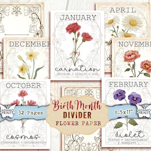 32 geboortemaand bloem scheidingswand, omslag- en titelpagina's, junk Journal Kit, afdrukbare pagina's, encyclopedie bloemen 12 maanden, vintage bloemen