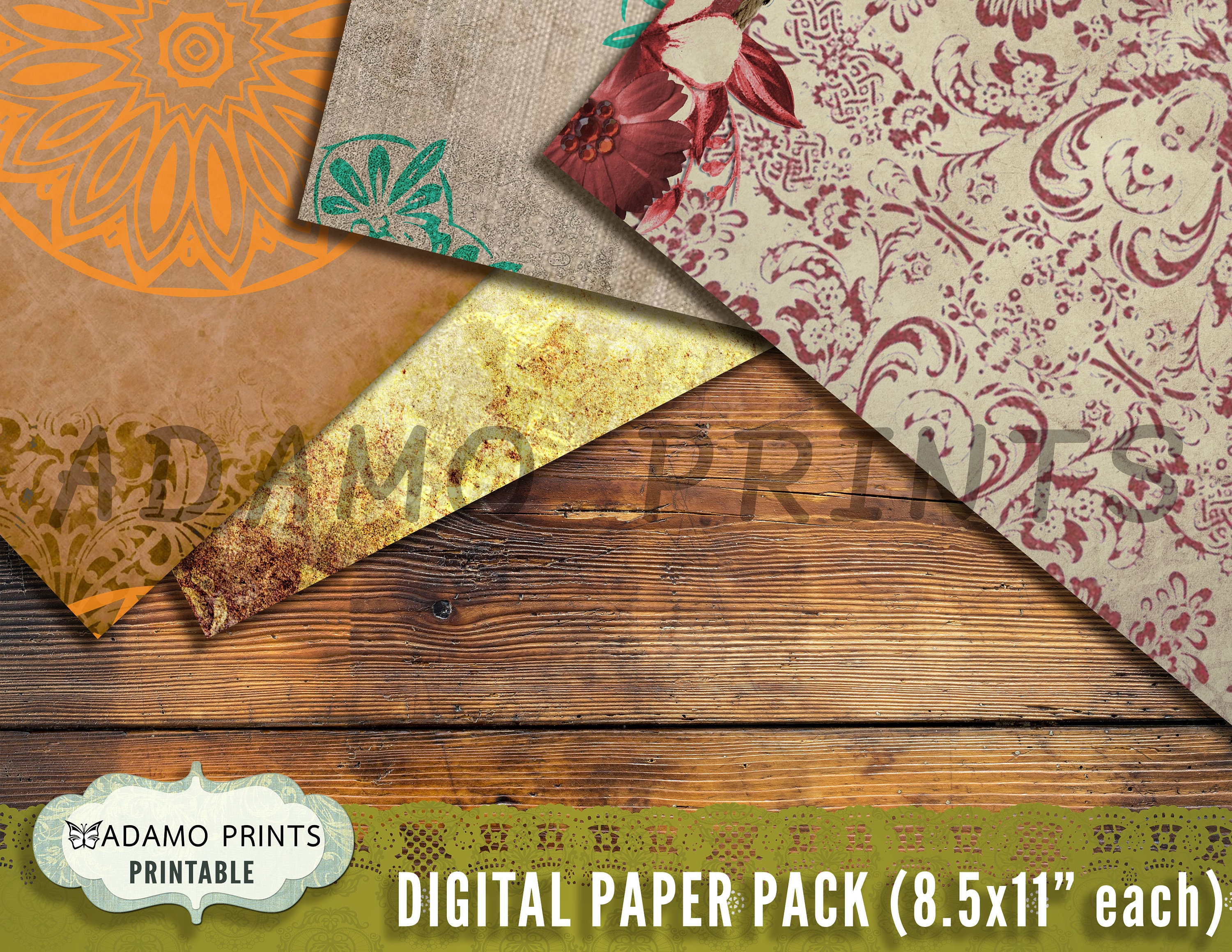 Rustic Damask Digital Paper, Shabby Digital Kits, Digital Collage Sheet ...