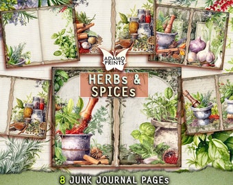May include: Eight digital printable pages for junk journaling featuring watercolour illustrations of herbs and spices. The pages feature a variety of herbs and spices, including basil, rosemary, thyme, and cinnamon. The pages are perfect for adding a touch of nature to your journal.