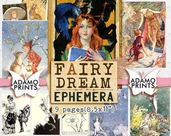 Puede incluir: Un collage de nueve ilustraciones vintage con hadas, sirenas y otras criaturas fantásticas. Las imágenes están impresas en papel y dispuestas en una cuadrícula. El título "Fairy Dream Ephemera" está impreso en texto marrón sobre un fondo beige. El texto "9 páginas (8.5x11")" está impreso en texto negro sobre un fondo blanco.