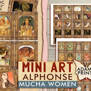 Mini Art - Alphonse Mucha Women, Miniature Framed Art, Vintage Art, Embellish Supplies, Digital Image, Ephemera Classics, Journal Kit