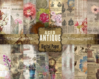 Papel envejecido, paquete de papel digital, páginas antiguas, anuncios vintage, papel decorativo desgastado, papel vintage, grunge, fondo efímero, descarga
