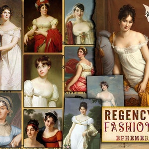 Peut inclure: Un collage d'illustrations vintage représentant des femmes vêtues à la mode de l'époque de la Régence. Les images montrent des femmes dans différentes poses, portant des robes, des robes et des accessoires. Le texte "Regency Fashion Ephemera" est affiché en bas du collage.