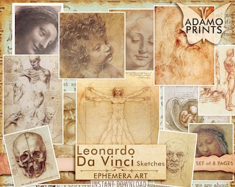 Puede incluir: Un collage de ocho páginas con bocetos de Leonardo da Vinci. Los bocetos incluyen estudios anatómicos, un retrato de un hombre joven, una calavera y una representación del Hombre de Vitruvio. El título "Leonardo da Vinci Sketches" está impreso en texto marrón sobre un fondo beige. El texto "Set of 8 Pages" está impreso en texto blanco sobre un fondo marrón.