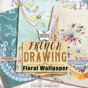 French Drawing Floral Wallpaper, Paper Pattern, Shabby Paper, Paper for Journal Kit, Wallpaper Flower, Digital Paper, Printable Background