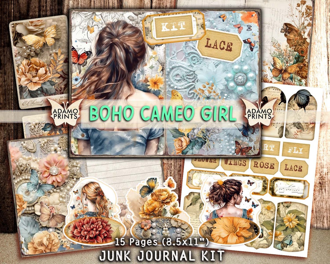 Boho Cameo Girl Junk Journal Kit, Bohemian Journal Page, Boho Floral ...