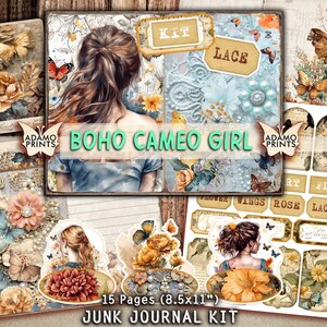 Kit de diário lixo Boho Cameo Girl, página de diário Boho, papel para impressão de borboleta floral Boho, folhas de colagem, papel Boho para impressão