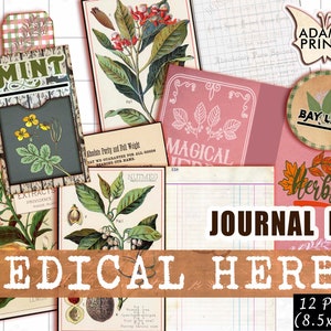 Kit de diario de hierbas medicinales, página de diario forrada y en blanco, boticario, hierbas medicinales, herbario, hojas de collage, efímera de álbum de recortes