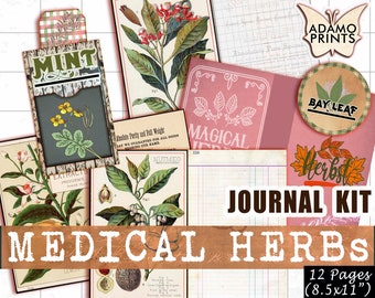 Puede incluir: Un kit de diario digital con 12 páginas, que presenta ilustraciones de varias hierbas, incluyendo menta, laurel y nuez moscada. El kit se titula "Hierbas medicinales" e incluye el texto "Journal Kit" y "12 Pages (8.5x11")".