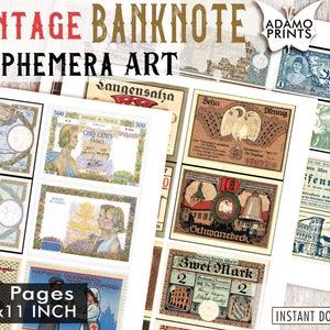 Vintage Banknote, Ephemera Papier, Junk Journaling Digital, Grunge, Collage Sheet, Shabby, Verschönerung, Antik, Scrapbook Papier